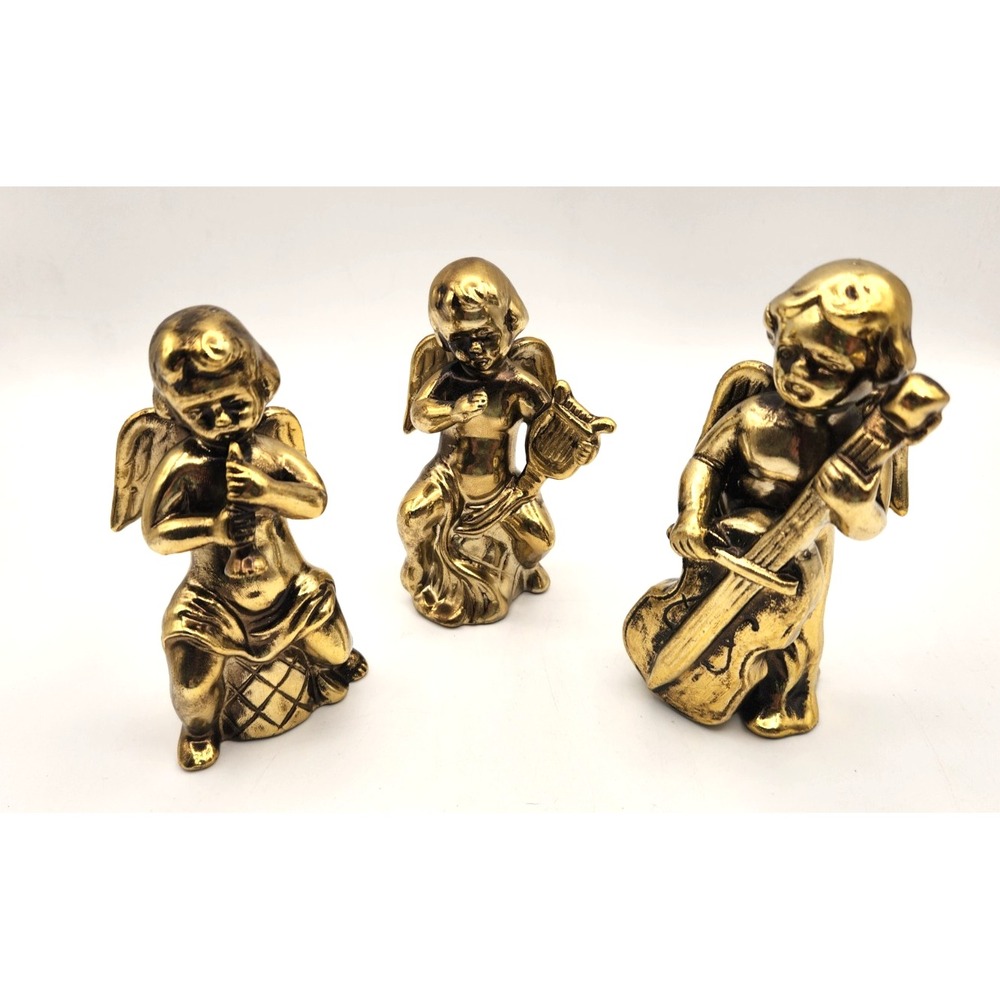 Angel Quartet Figurines Gold Ceramic Baroque Rococo Flute Strings Set of 3 VTG